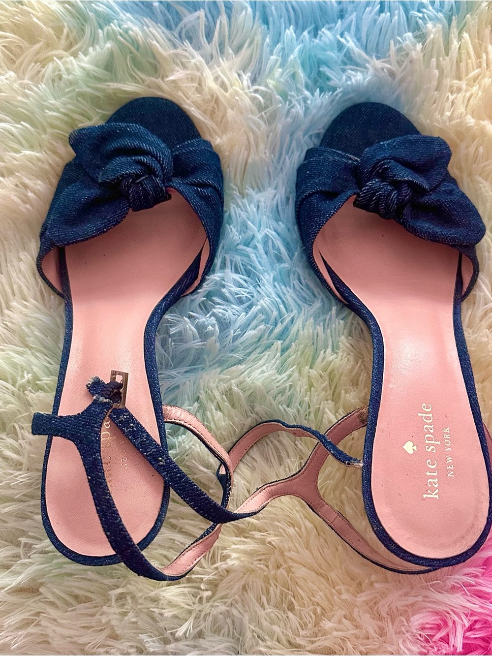 kate spade Denim Knot Bow Ankle-Strap Sandals - Navy Blue size 9 US